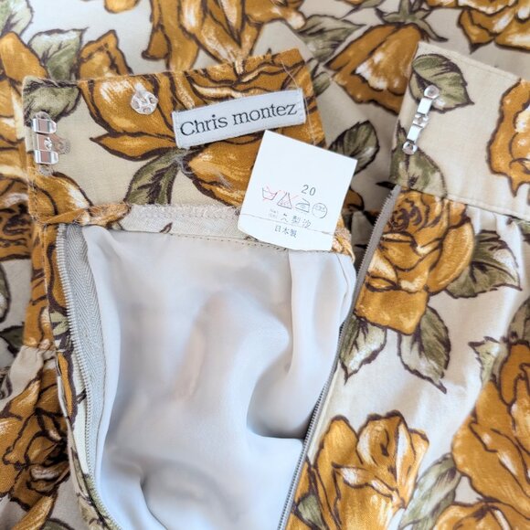 Beige A-Line Basque Waist Midi Skirt with Mustard Yellow Roses - Has Pockets XS - Picture 7 of 11